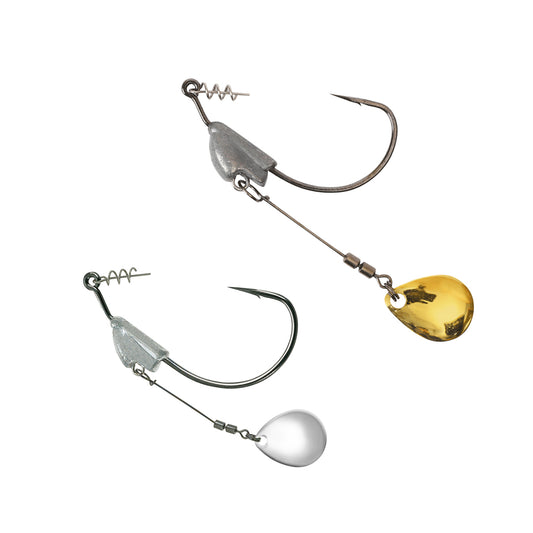 Two Owner Flashy Swimmer Colorado Blade fishing hooks—one with a silver, one with a gold articulating Colorado blade. Both have screw locks for soft swimbaits and weighted attachments for enhanced action.