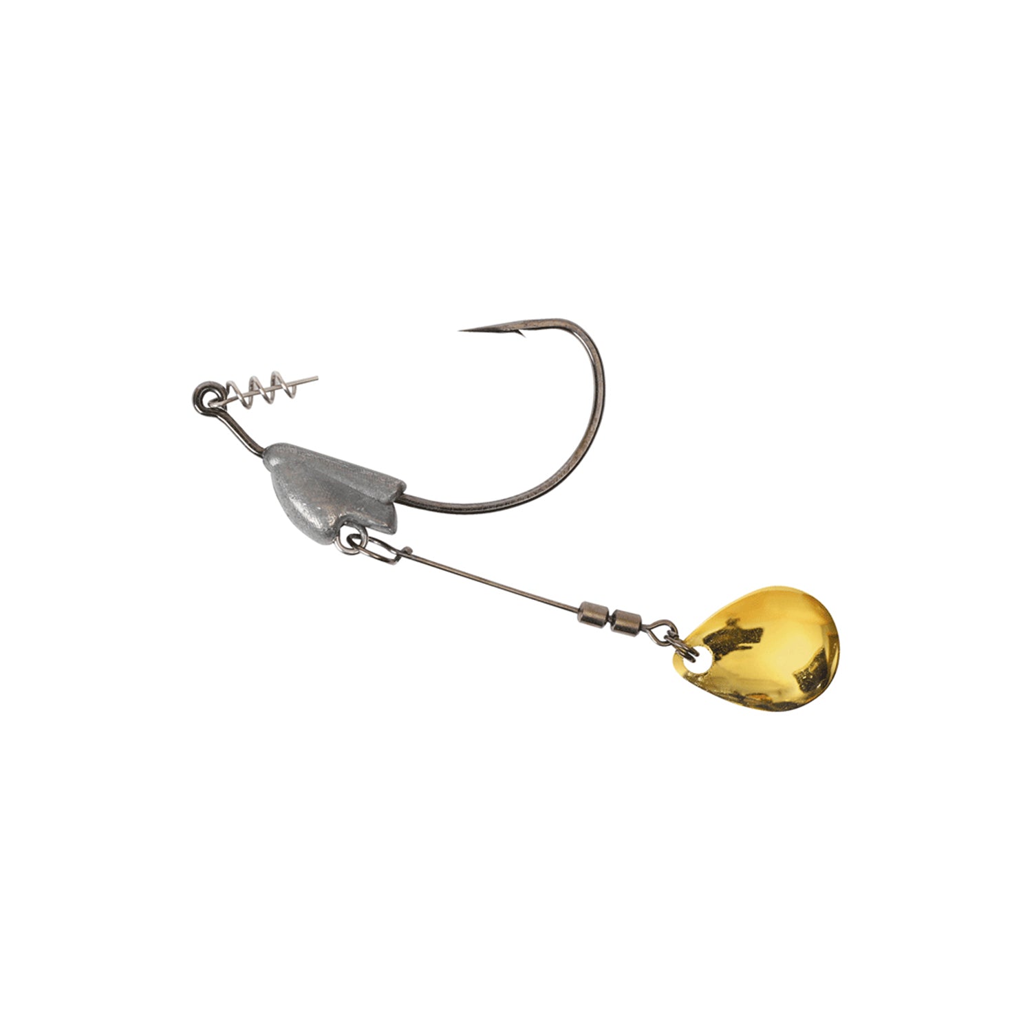 The Owner Flashy Swimmer Colorado Blade by Owner features a silver fishing hook with a metal weight and a yellow teardrop-shaped Colorado Blade lure attached to a thin wire arm, shown isolated on a white background.
