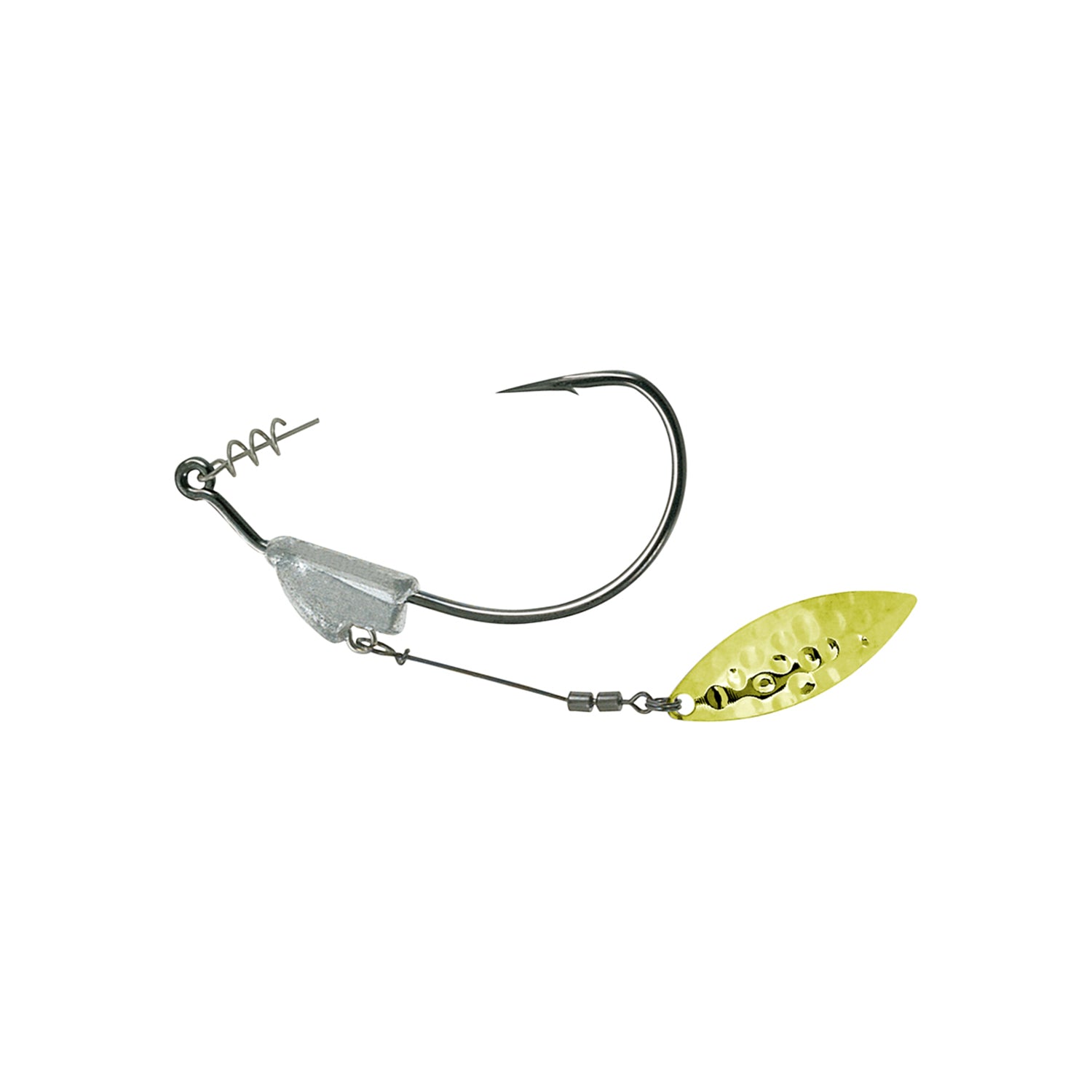 The Owner Flashy Swimmer Willow Blade by Owner features a coil spring hook, silver weighted section, and gold willow blade spinner—ideal for adding extra flash to your swimbait rig.