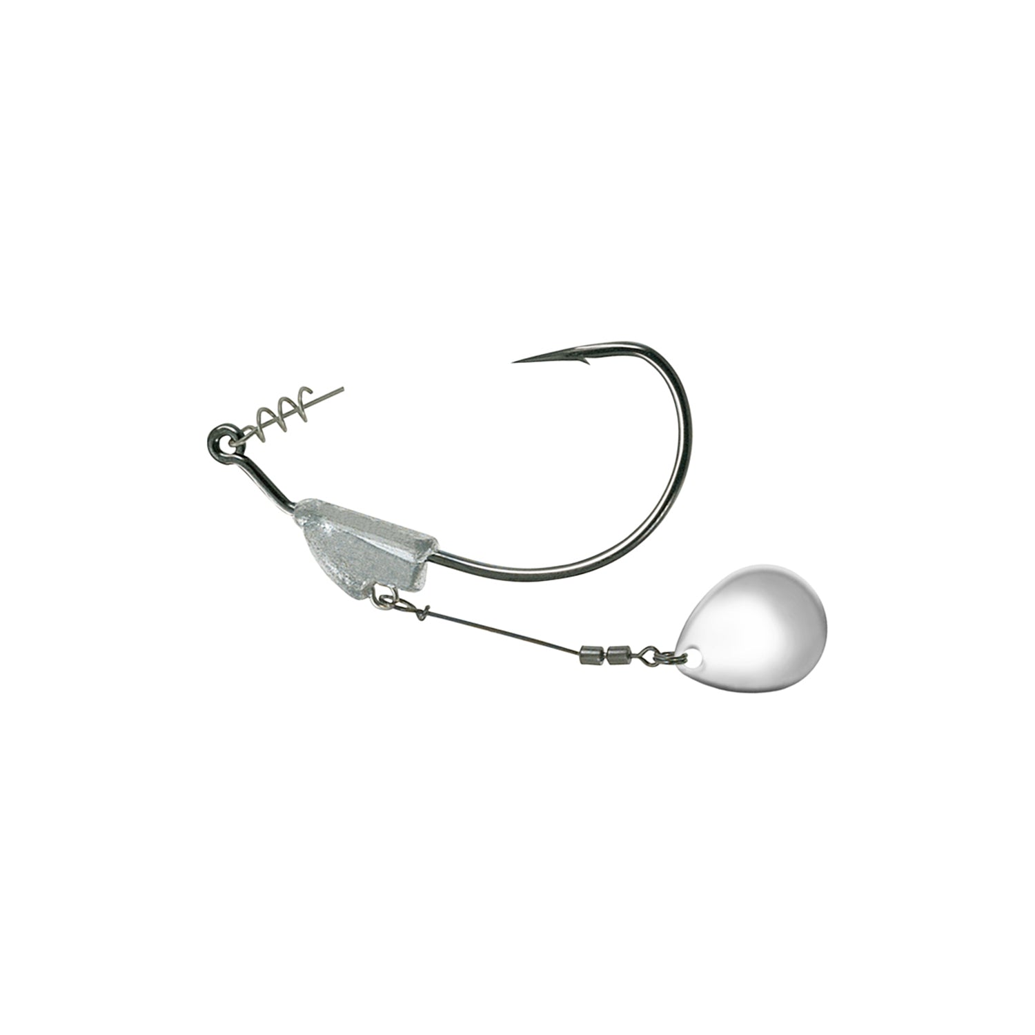 The Owner Flashy Swimmer Colorado Blade by Owner is a single fishing hook with a TwistLOCK Centering-Pin Spring, weighted shank, and a shiny Colorado Blade on a swivel for added flash.