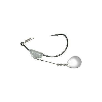 The Owner Flashy Swimmer Colorado Blade by Owner is a single fishing hook with a TwistLOCK Centering-Pin Spring, weighted shank, and a shiny Colorado Blade on a swivel for added flash.