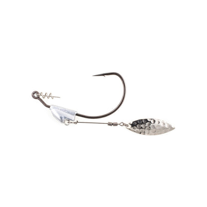 The Owner Flashy Swimmer Willow Blade by Owner features a metal weight, spiral bait holder, and hammered silver willow blade on a wire arm—perfect for swimbait rigs, it draws fish with extra flash and vibration.