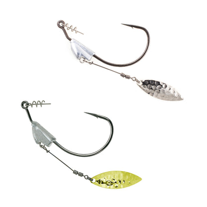 The Owner Flashy Swimmer Willow Blade by Owner includes two fishing hooks with coil bait keepers and attached hammered willow blades (one silver, one gold), perfect for soft swimbaits—all shown on a white background.