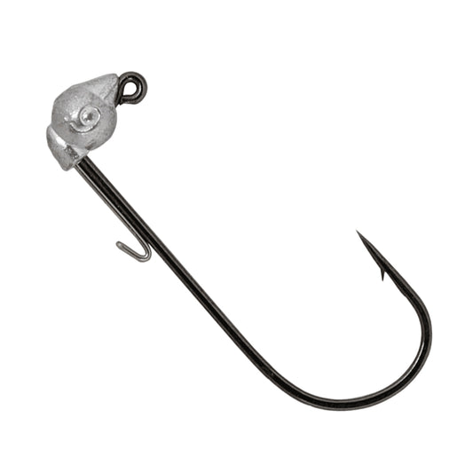 The Owner Range Roller Jig Heads feature a metallic, fish-shaped head with an eyelet, plus a large curved black hook with a small metal barb—perfect for finesse techniques.