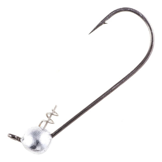 A close-up of a single Owner Shaky Ultrahead by Owner, featuring a round weighted head and TwistLOCK screw to secure soft plastic bait—perfect for weedless Texas Rigging and finesse baits.