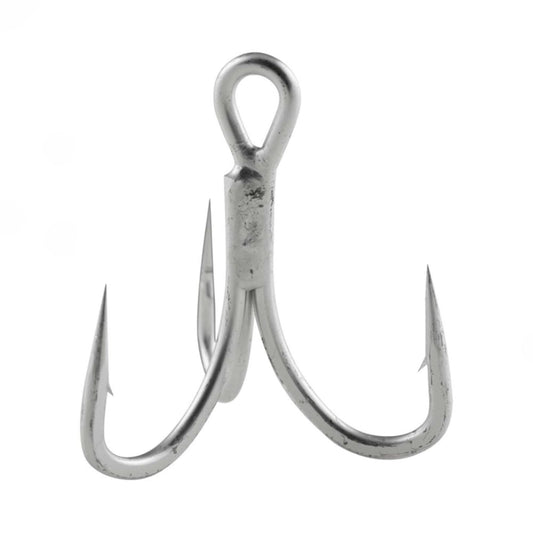 An Owner STX-58TN ZO-WIRE Treble Hook by Owner, featuring a silver metal finish, three sharp curved points, and a rounded eye for optimal penetration, is displayed against a plain white background.