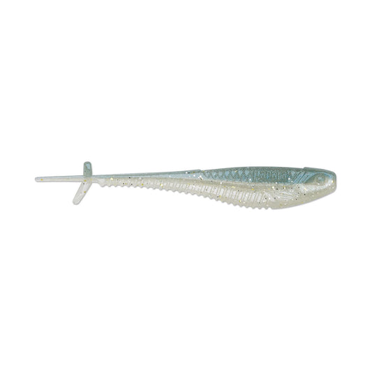 The Rapala Crush City Mooch Minnow 4.5" 5pk features a soft, fish-shaped body with ribs, a paddle tail, and a translucent light blue and white color with glitter accents for added flash.