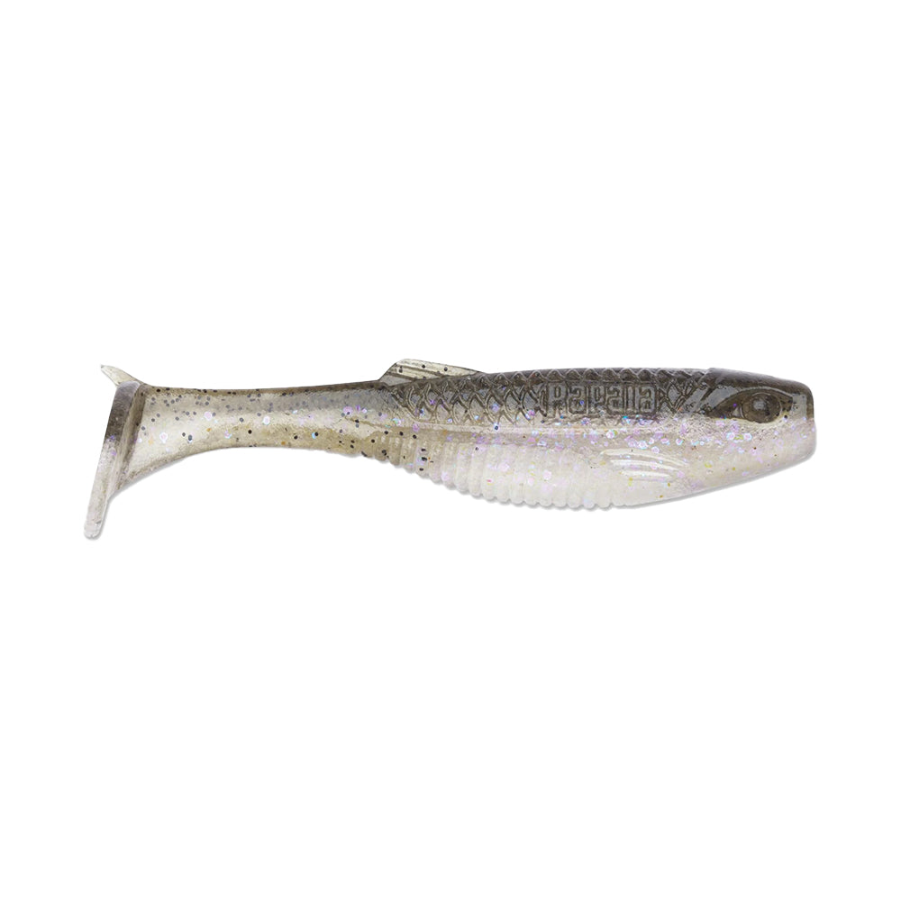 The Rapala Crush City The Mayor Swimbait 2.5" by Rapala features a soft, ribbed paddle tail body in translucent gray and white with glitter flecks, mimicking a small fish—ideal for bass fishing. Comes in an 8-pack.