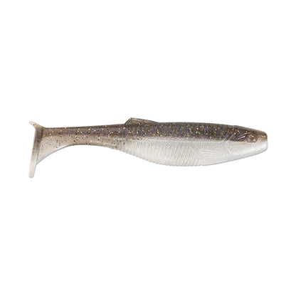 The Rapala Crush City The Mayor Swimbait 2.5" 8pk features a soft, ribbed body and paddle tail in brown and gray with a glitter-specked translucent tail—ideal for catching big bass.