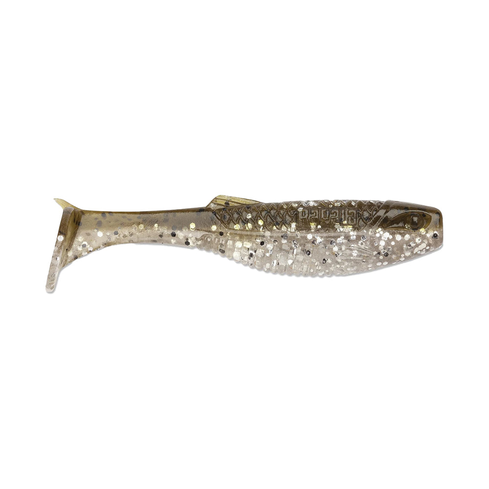The Rapala Crush City The Mayor Swimbait 2.5" 8pk is a soft paddle tail lure with silver glitter and a translucent light brown finish, ideal for bass fishing.