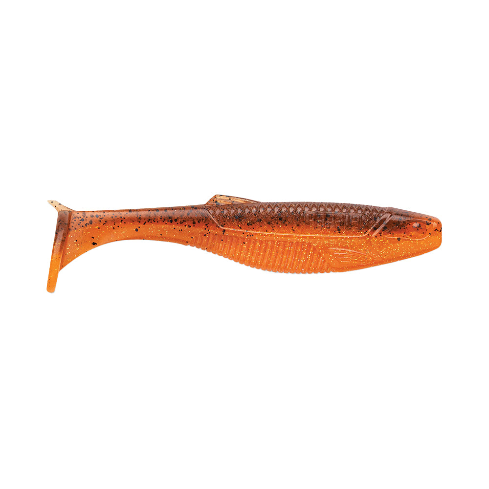 The Rapala Crush City The Mayor Swimbait 2.5" 8pk is a soft, ribbed paddle tail bait by Rapala, shaped like a small fish with an orange-brown color and black speckles, designed for bass fishing.
