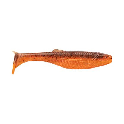 The Rapala Crush City The Mayor Swimbait 2.5" 8pk is a soft, ribbed paddle tail bait by Rapala, shaped like a small fish with an orange-brown color and black speckles, designed for bass fishing.