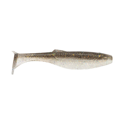The Rapala Crush City The Mayor Swimbait 2.5" 8pk is a soft, fish-shaped paddle tail with a translucent body, silver-gray back, and glitter flecks—realistically mimicking baitfish for bass fishing.