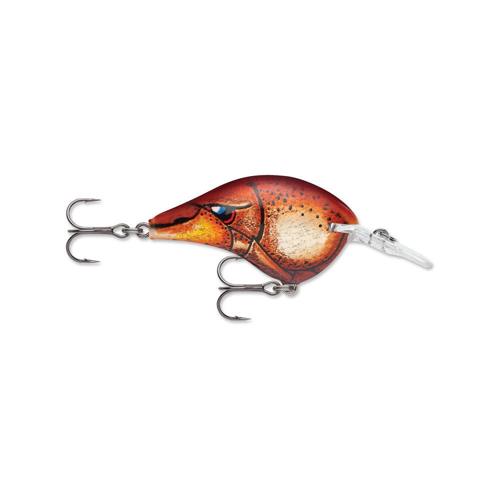 The Rapala DT6 Series Crankbait by Rapala is a red and orange fish-shaped deep diver with two treble hooks and a clear plastic lip, designed to imitate a baitfish.