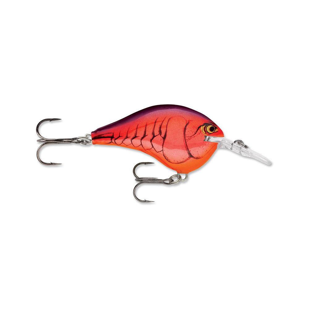 The Rapala DT6 Series Crankbait by Rapala features a small fish shape, vibrant orange and red body with black accents, two sharp treble hooks, and a clear plastic lip designed for deep diving action.