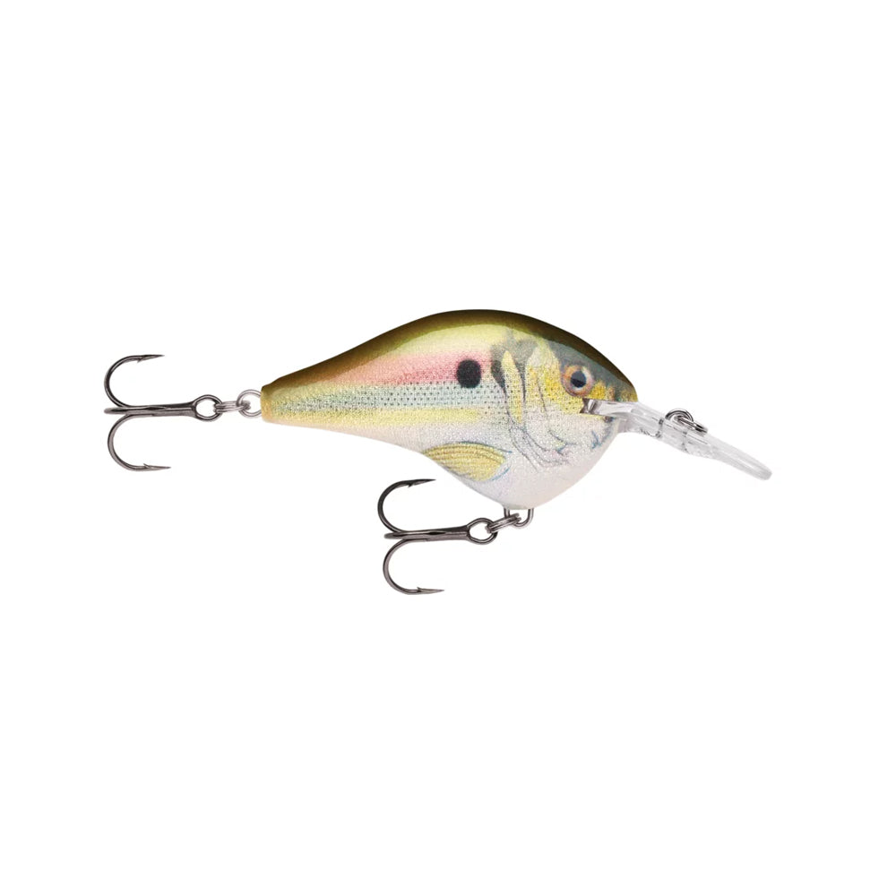 The Rapala DT6 Series Crankbait by Rapala features a fish-like design with a yellow-green back, white belly, pink stripe, transparent plastic lip, two treble hooks, and is crafted from balsa wood. Shown on a plain white background.