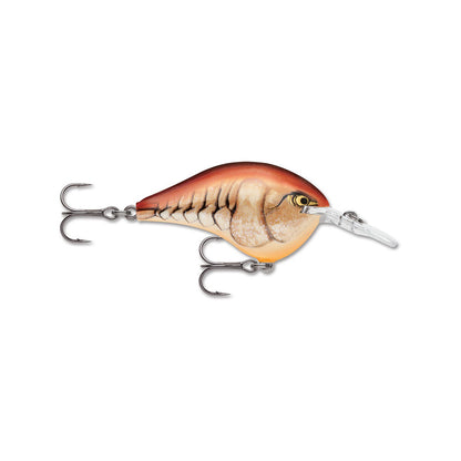 The Rapala DT6 Series Crankbait by Rapala is a balsa wood lure shaped like a small fish, featuring a brown and beige body, two treble hooks, and a clear plastic lip at the front for deep diving.