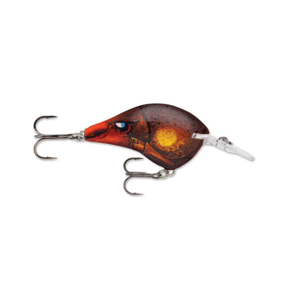 The Rapala DT6 Series Crankbait by Rapala is a colorful, deep-diving lure shaped like a small fish with red, orange, and yellow patterns, a blue eye, two treble hooks (bottom and rear), and a clear plastic lip at the front.