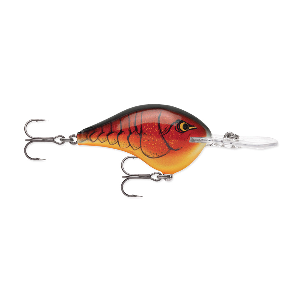 The Rapala DT8 Series Crankbait by Rapala is a brightly colored deep-diving lure with a red and orange scale-patterned body, two treble hooks, and a clear plastic lip for diving.
