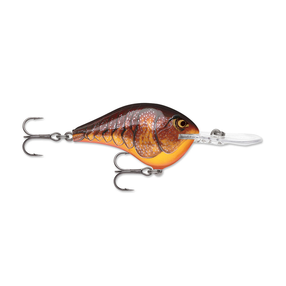 The Rapala DT8 Series Crankbait by Rapala is a deep diving lure shaped like a small fish, featuring a brown and orange body, silver spots, yellow belly, large eye, two treble hooks, and a clear plastic lip at the front.