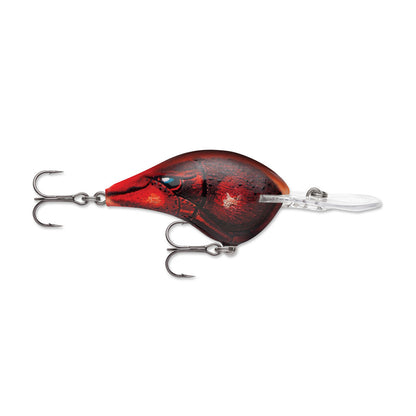 The Rapala DT8 Series Crankbait by Rapala is a red and black deep diving lure with two treble hooks and a clear plastic lip, designed to mimic a small fish or crawfish, shown against a white background.