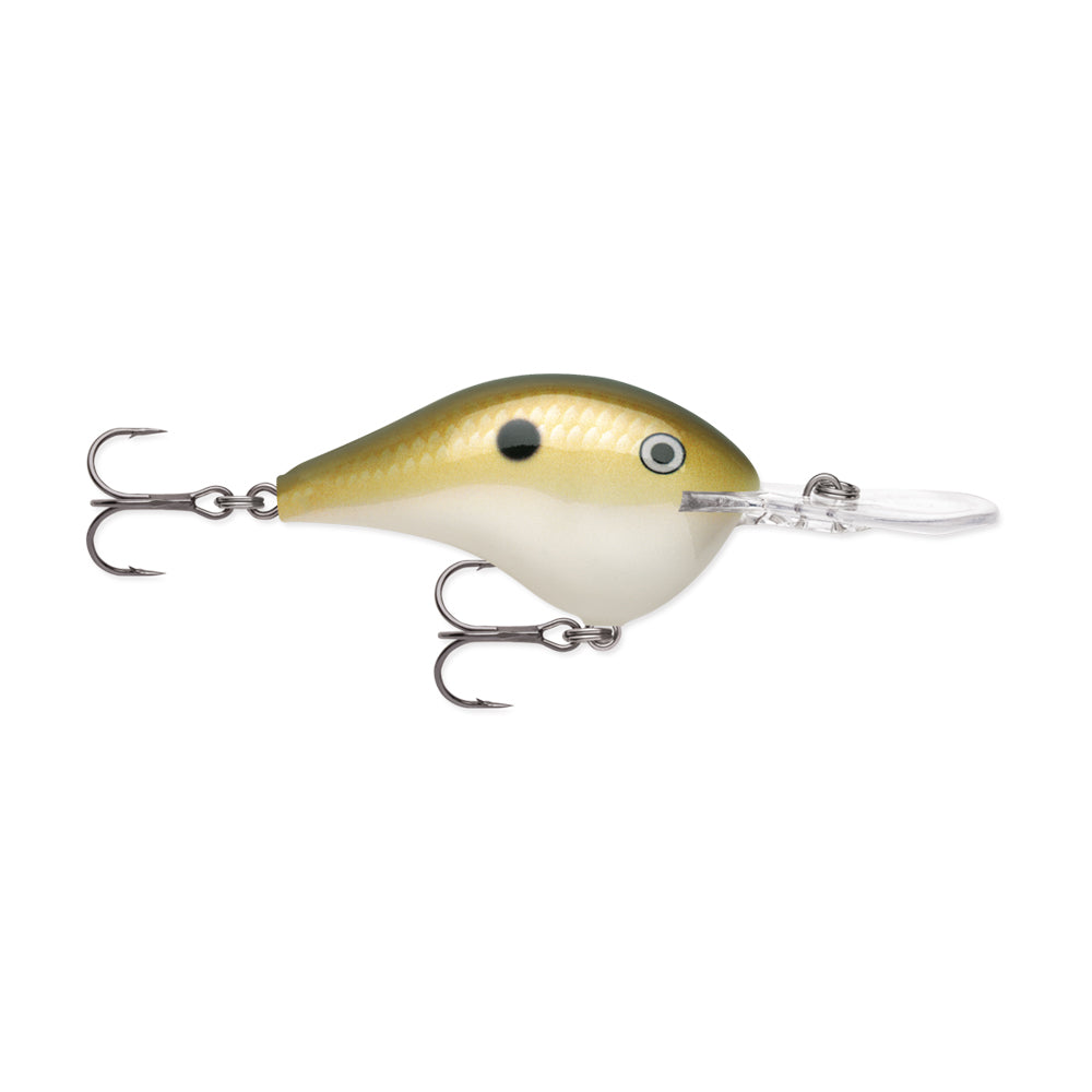 The Rapala DT8 Series Crankbait by Rapala features a balsa build, fish-like shape, greenish-yellow back, white belly, black eye spot, silver scales, two treble hooks, and a clear plastic diving lip at the front.