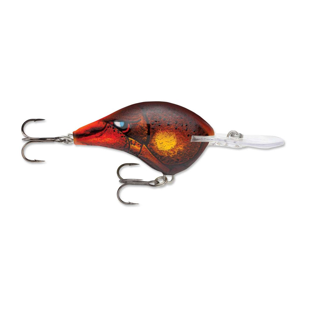 The Rapala DT10 Series Crankbait by Rapala is a deep-diving lure mimicking a small fish, featuring a red-orange body with a yellow spot, two treble hooks, and a clear plastic diving lip.