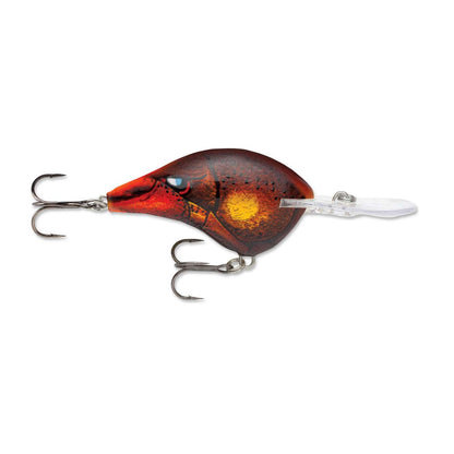 The Rapala DT10 Series Crankbait by Rapala is a deep-diving lure mimicking a small fish, featuring a red-orange body with a yellow spot, two treble hooks, and a clear plastic diving lip.