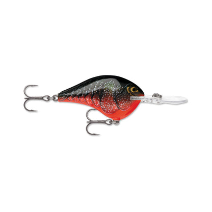 The Rapala DT16 Series Crankbait by Rapala is a colorful deep-diving lure with a red belly, black top, white spots, two treble hooks, and a clear plastic lip for precise underwater action.