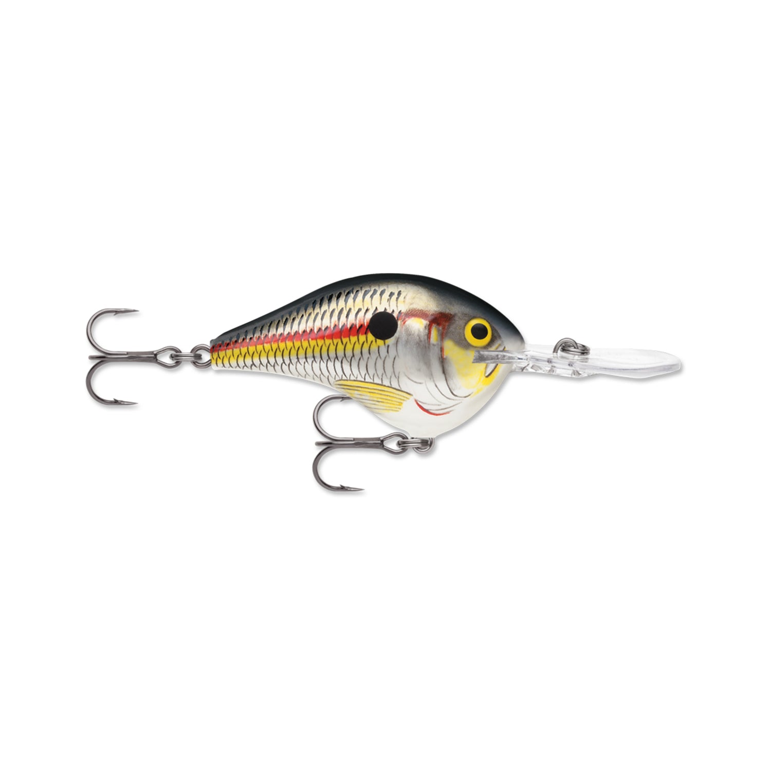 The Rapala DT16 Series Crankbait by Rapala features a fish-shaped, multicolored body with scale patterns, a distinct yellow eye, two treble hooks, and a clear plastic lip for deep diving.