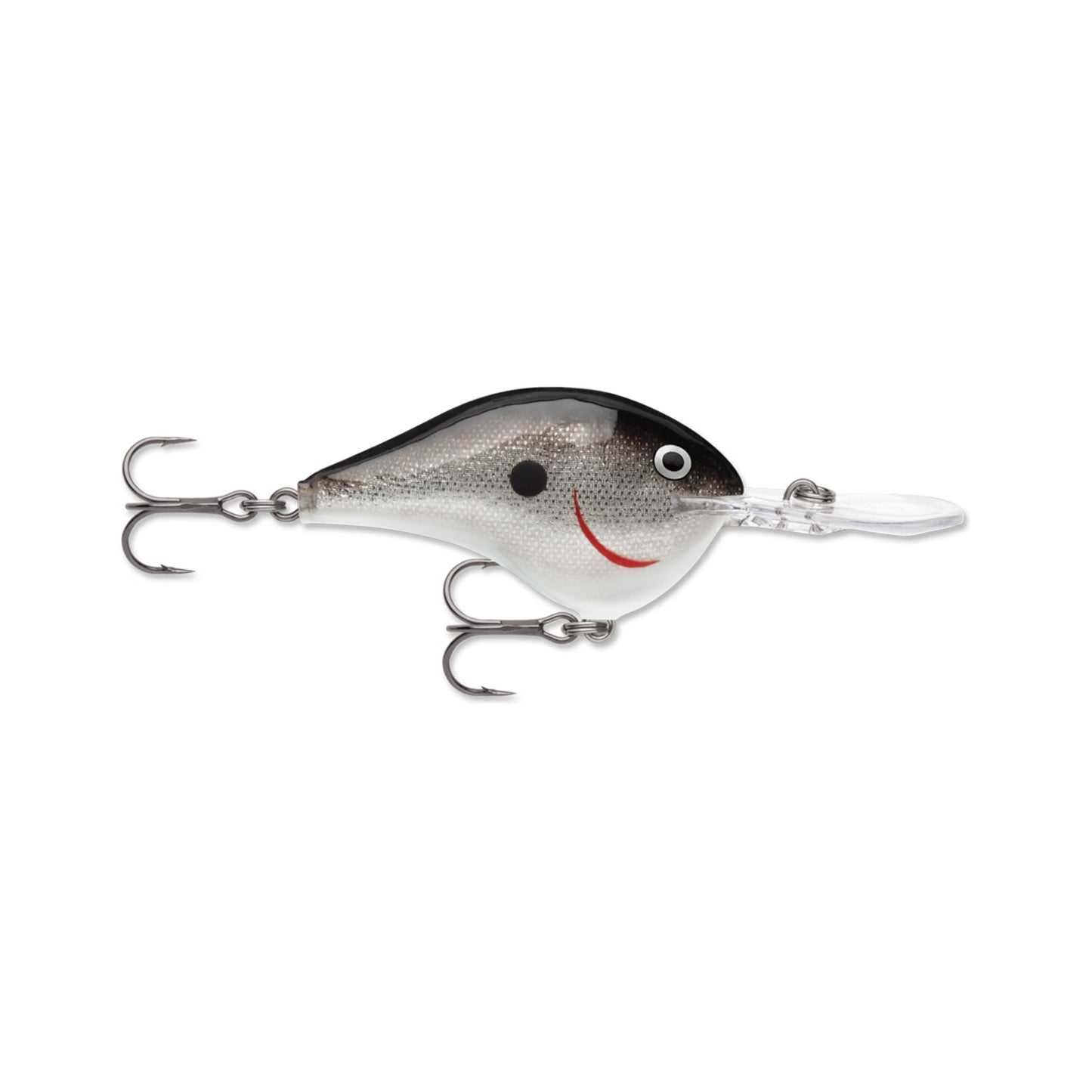 The Rapala DT16 Series Crankbait by Rapala is a realistic, fish-shaped deep diving lure with a white and gray body, black top, red mouth accent, clear plastic lip, and two treble hooks.