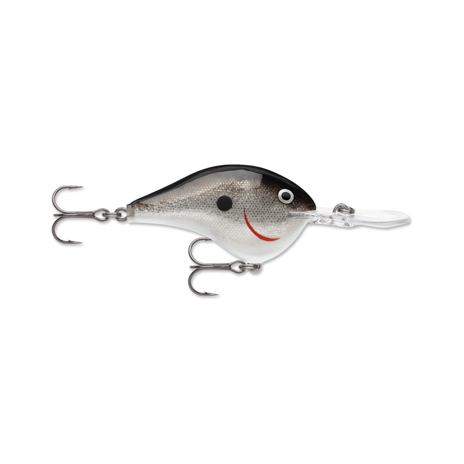 The Rapala DT16 Series Crankbait by Rapala is a realistic, fish-shaped deep diving lure with a white and gray body, black top, red mouth accent, clear plastic lip, and two treble hooks.