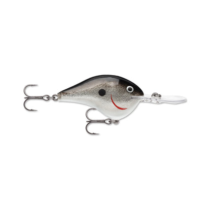 The Rapala DT16 Series Crankbait by Rapala is a realistic, fish-shaped deep diving lure with a white and gray body, black top, red mouth accent, clear plastic lip, and two treble hooks.