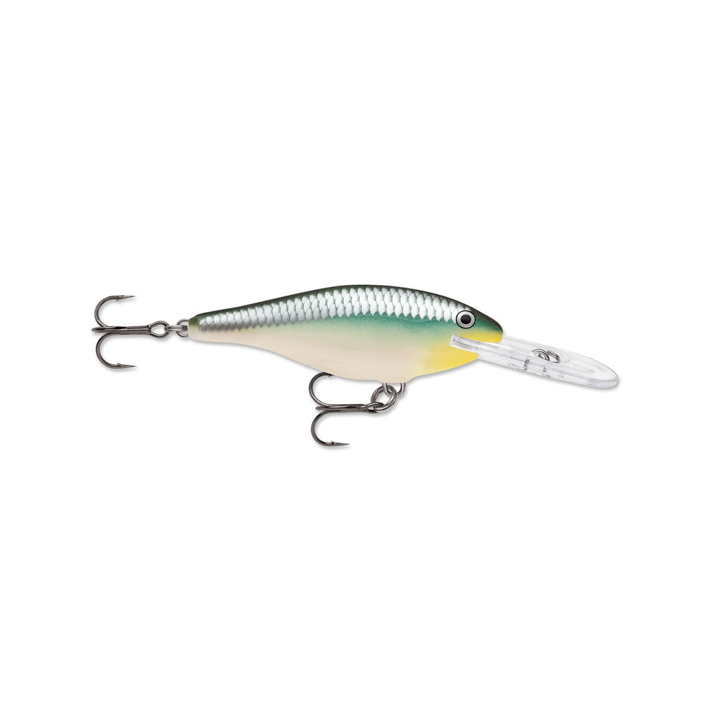 The Rapala Shad Rap 5 Crankbait by Rapala is a balsa lure with a silver, green, and yellow body, two treble hooks, and a clear plastic diving lip designed to mimic a small fish.