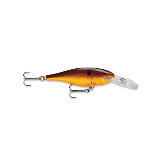 The Rapala Shad Rap 5 Crankbait by Rapala features an orange and brown fish-shaped body, two treble hooks, a clear diving lip, and is crafted from balsa wood for lifelike underwater action.