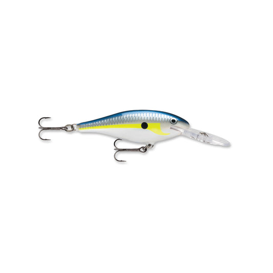 The Rapala Shad Rap 6 Crankbait by Rapala features a blue and silver body, yellow stripe, black spot, two treble hooks, and a clear plastic diving lip.