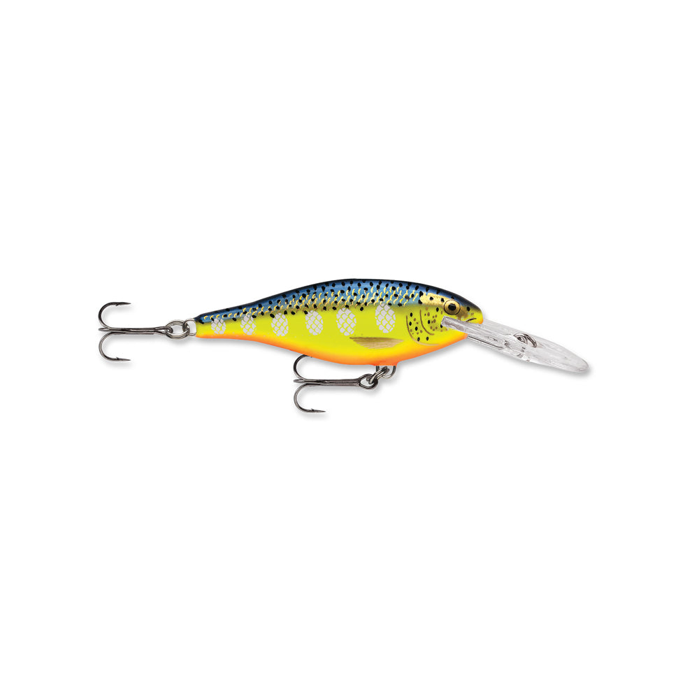 The Rapala Shad Rap 5 Crankbait by Rapala features a small-fish shape, blue and yellow spots, orange belly, dual treble hooks, and a clear diving lip—ideal for anglers who love the classic Shad Rap style.