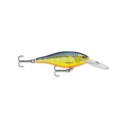 The Rapala Shad Rap 5 Crankbait by Rapala features a small-fish shape, blue and yellow spots, orange belly, dual treble hooks, and a clear diving lip—ideal for anglers who love the classic Shad Rap style.