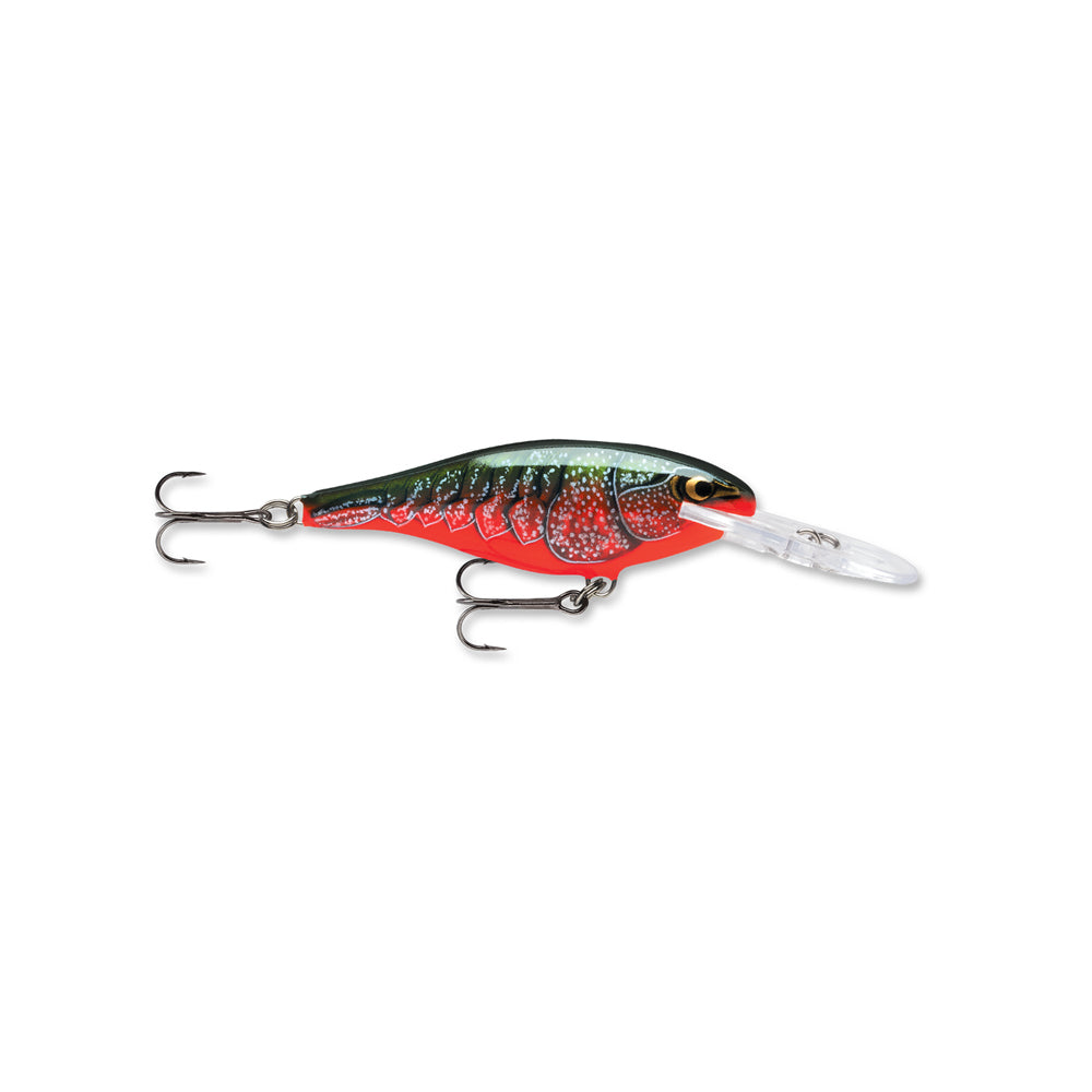 The Rapala Shad Rap 5 Crankbait by Rapala features a green and red scale-patterned body with two treble hooks, shown on a white background.