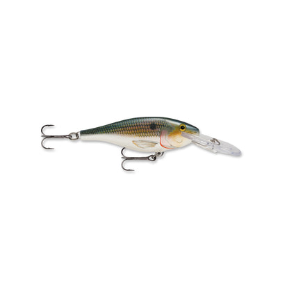 The Rapala Shad Rap 5 Crankbait by Rapala features a realistic fish shape, green and silver colors, a large clear plastic lip, and two treble hooks, shown on a white background.