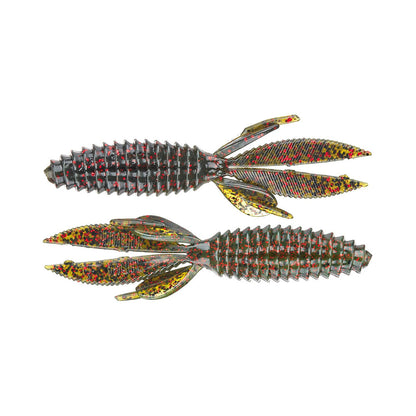The Reaction Innovations Sweet Beaver 4.20 lures mimic insect larvae with segmented bodies and multiple appendages. Made of soft plastic, they feature a mix of black, red, and yellow with a textured shiny surface—ideal as flipping bait for your next fishing trip.