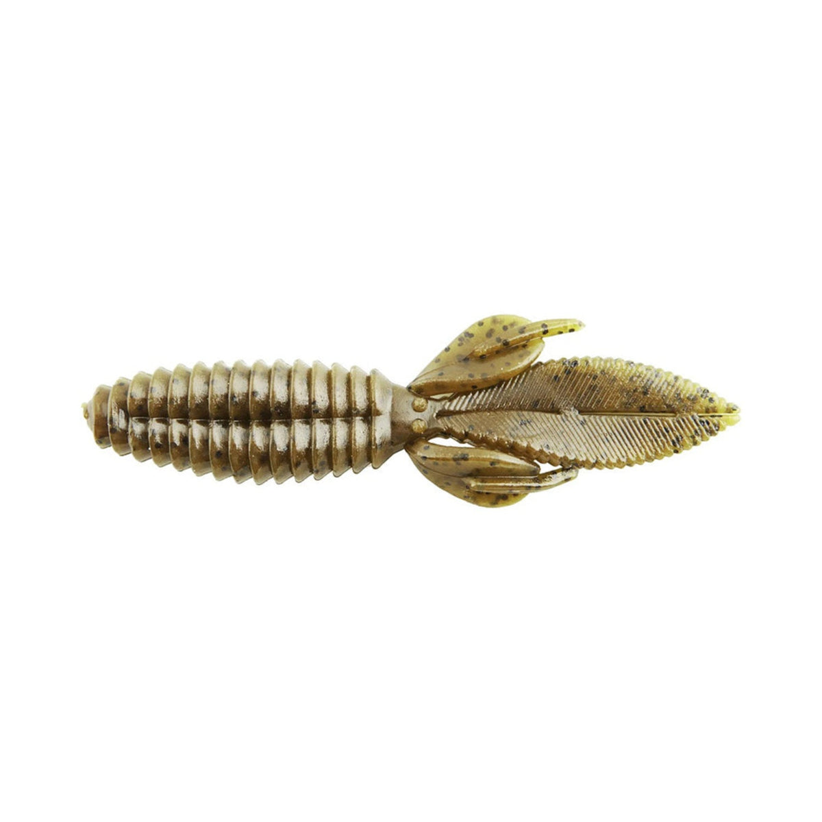 Close-up of the Reaction Innovations Sweet Beaver 4.20 lure, intricately sculpted with a segmented body, two textured wings, and curved appendages. It's colored in brown and green shades with subtle speckles, resembling an insect.