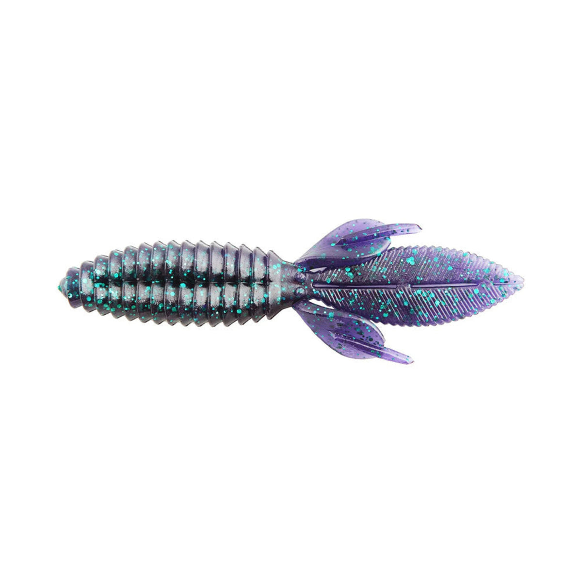 The Reaction Innovations Sweet Beaver 4.20 is a purple and blue iridescent, ribbed soft plastic lure featuring two leaf-shaped fins and a pointed tail, designed to mimic aquatic creatures for perfect flipping bait in fishing.