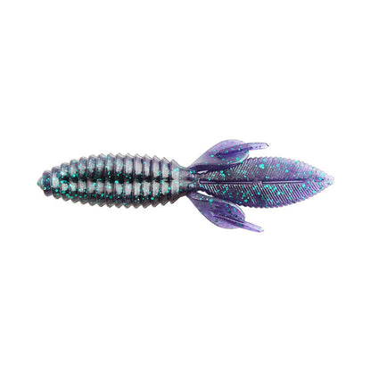 The Reaction Innovations Sweet Beaver 4.20 is a purple and blue iridescent, ribbed soft plastic lure featuring two leaf-shaped fins and a pointed tail, designed to mimic aquatic creatures for perfect flipping bait in fishing.