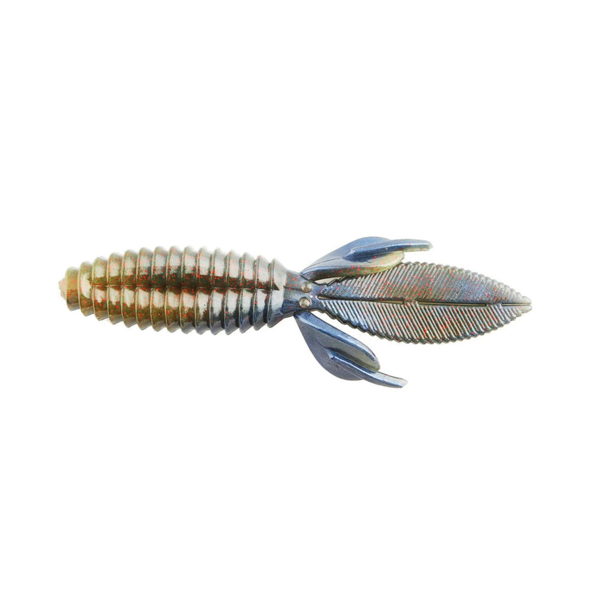 The Reaction Innovations Sweet Beaver 4.20 is a shiny, metallic, textured fishing bait shaped like a streamlined fish with rib-like segments, featuring two side fins and a tail fin meticulously designed to attract fish.