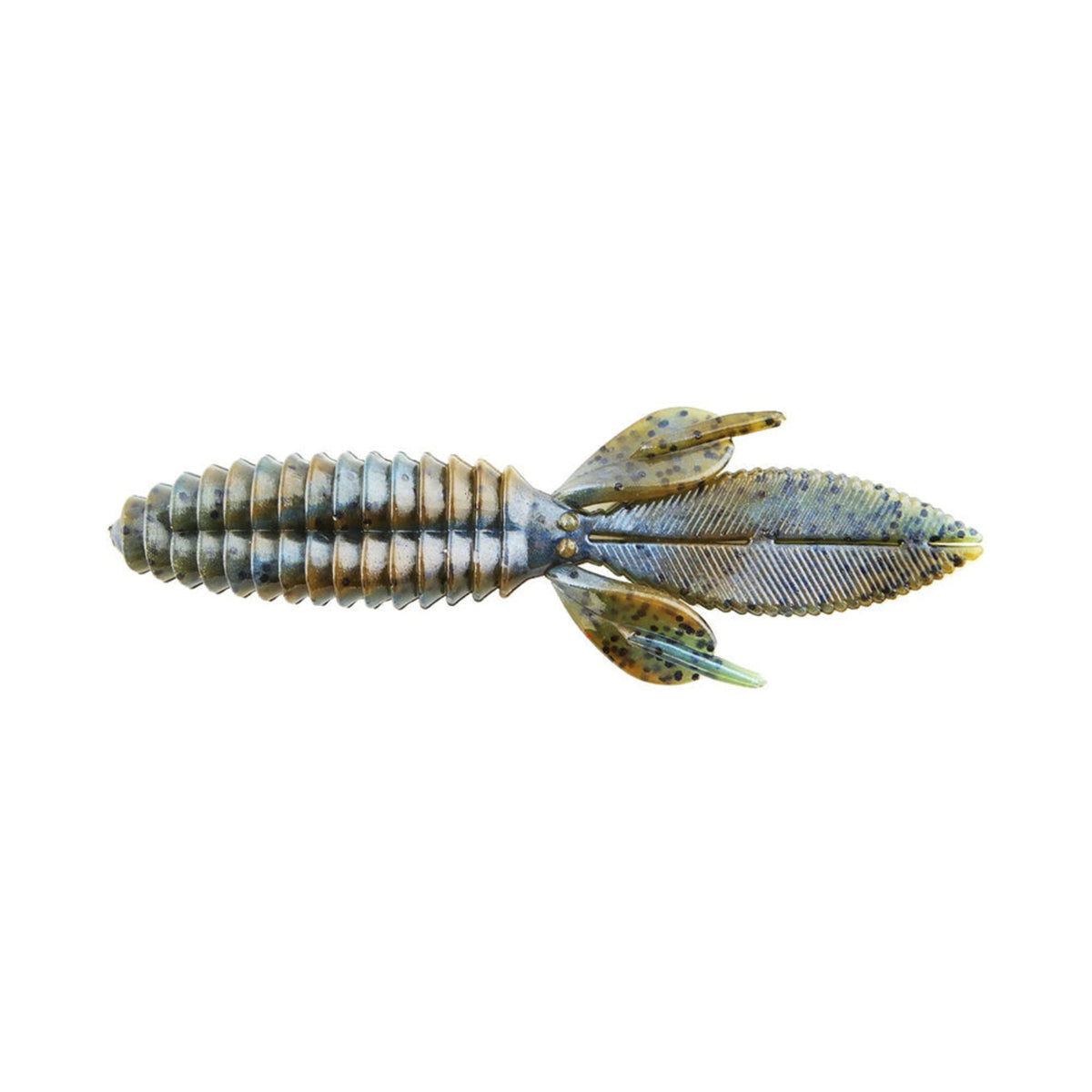 An illustration of a ribbed, spiral ammonite fossil resembles the Reaction Innovations Sweet Beaver 4.20 bait, with two long fin-like appendages and a fan-shaped tail on a white background.