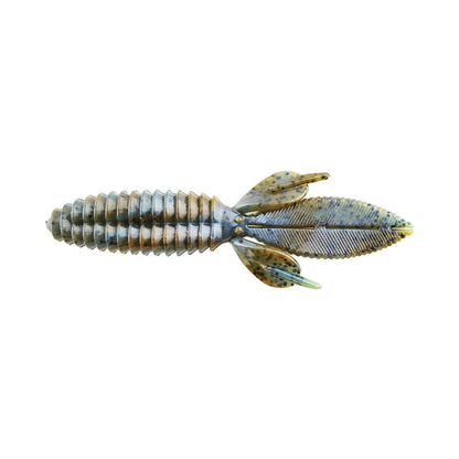 An illustration of a ribbed, spiral ammonite fossil resembles the Reaction Innovations Sweet Beaver 4.20 bait, with two long fin-like appendages and a fan-shaped tail on a white background.