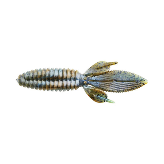 An illustration of a ribbed, spiral ammonite fossil resembles the Reaction Innovations Sweet Beaver 4.20 bait, with two long fin-like appendages and a fan-shaped tail on a white background.