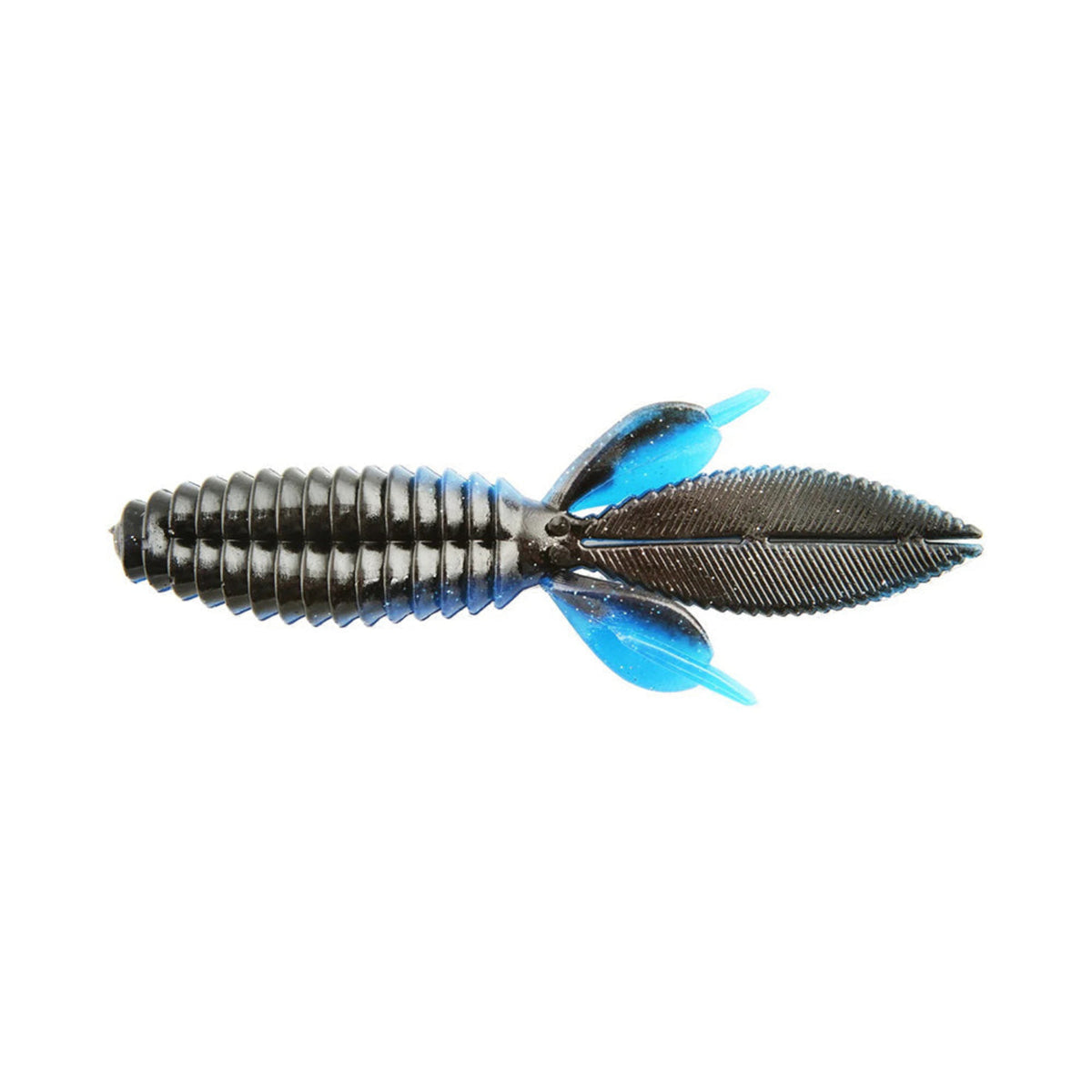 Introducing the Reaction Innovations Sweet Beaver 4.20, a soft plastic lure by Reaction Innovations. It features a ribbed black body, two oval wings, and leaf-shaped blue appendages for colorful contrast and effective bait action against any white backdrop.