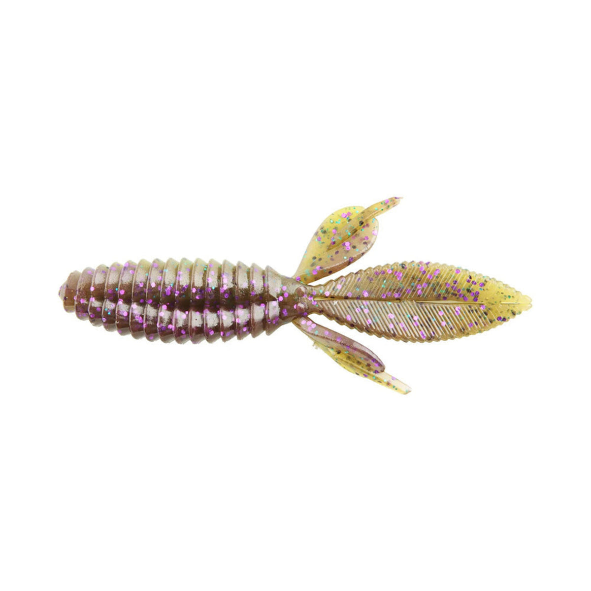 The Reaction Innovations Sweet Beaver 4.20 by Reaction Innovations is a segmented soft plastic lure with a brown top, yellow bottom, and purple glitter. Its ribbed body and leaf-shaped side appendages enhance movement, making it perfect as a flipping bait.